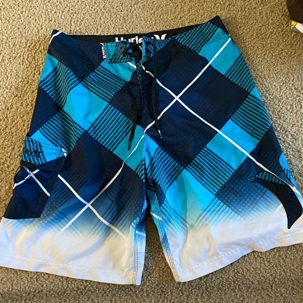 Mens Blue and White Hurley Swim Trunks